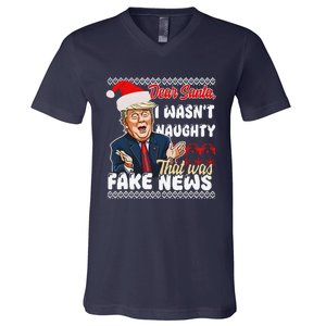 Christmas Trump Dear Santa Fake News Funny Xmas V-Neck T-Shirt