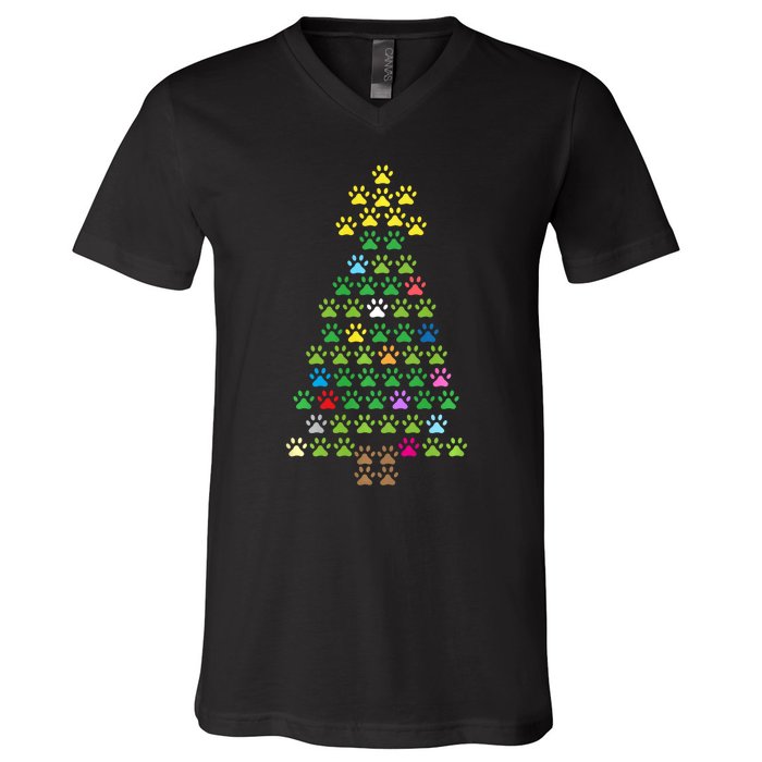 Christmas Tree Dog Paws Christmas Lights V-Neck T-Shirt