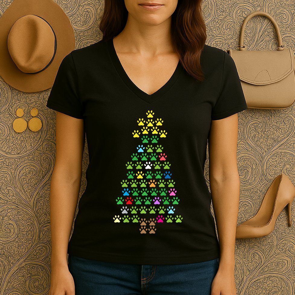 Christmas Tree Dog Paws Christmas Lights Women's V-Neck T-Shirt