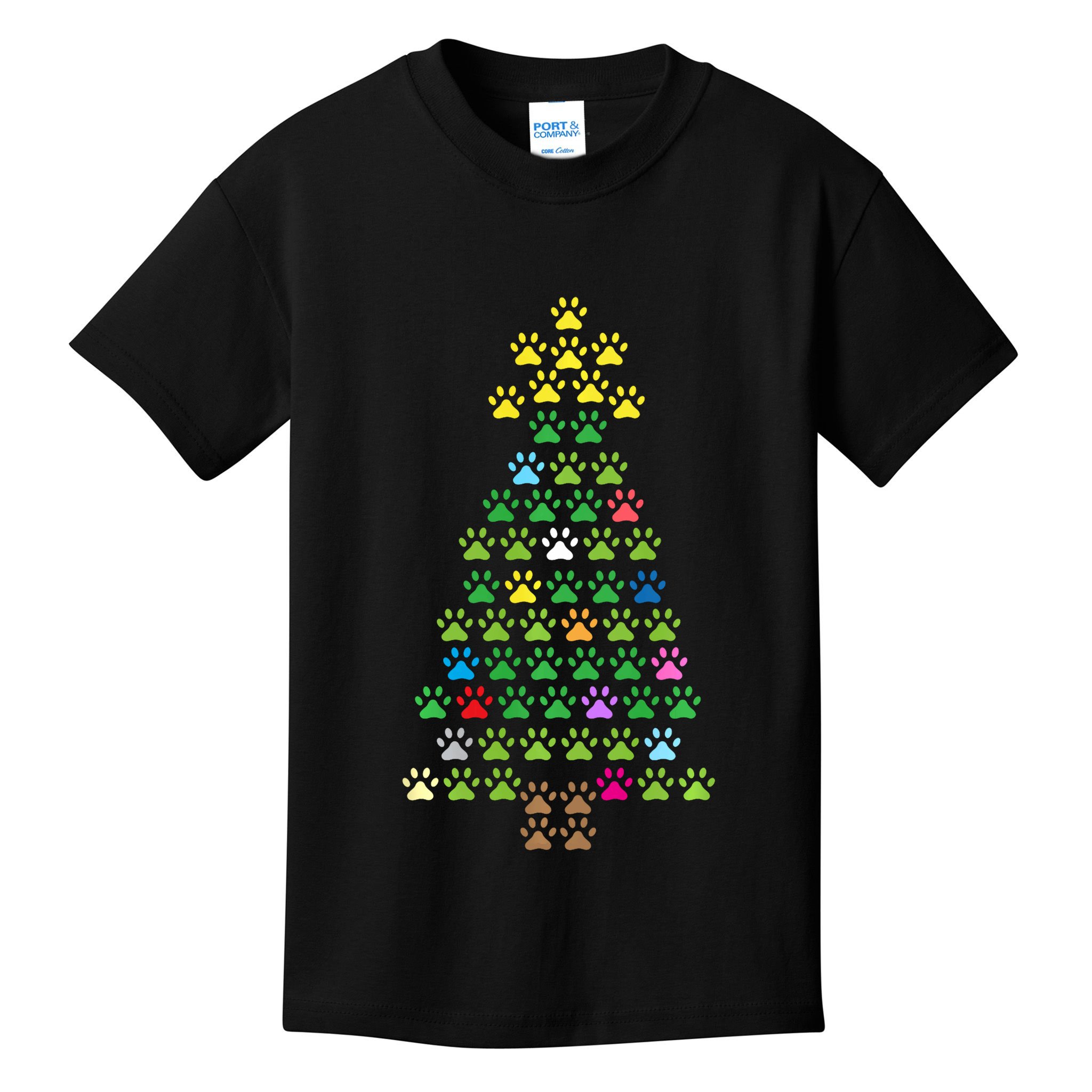 Christmas Tree Dog Paws Christmas Lights Kids T-Shirt