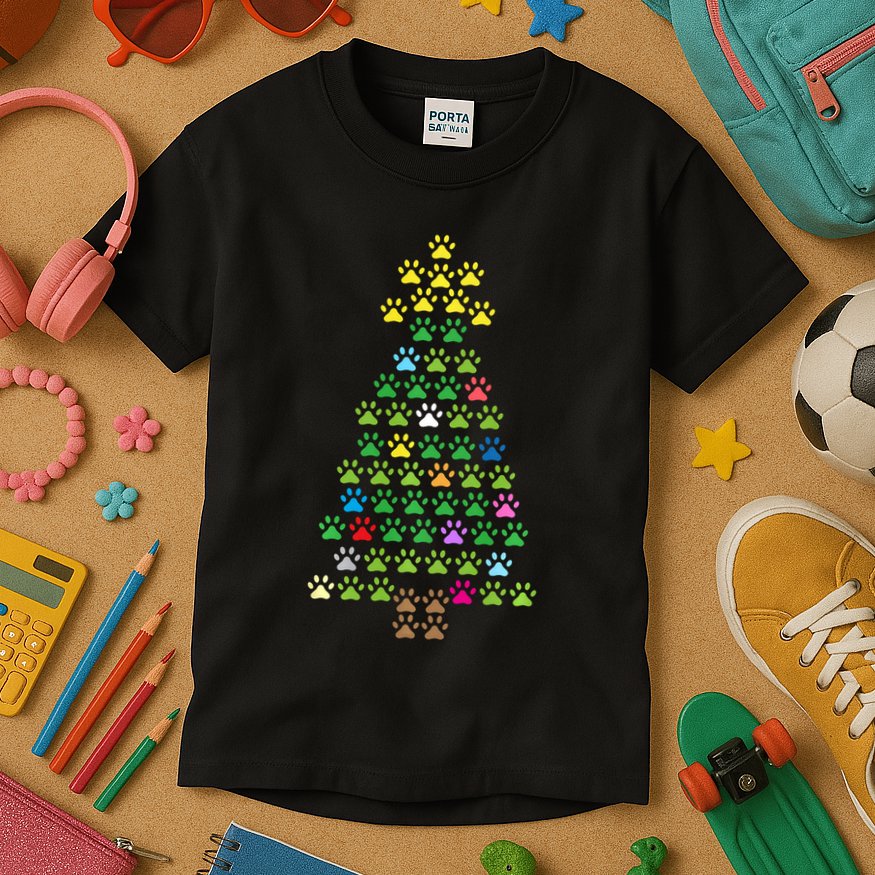 Christmas Tree Dog Paws Christmas Lights Kids T-Shirt