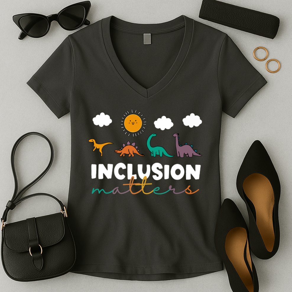 Cute TRex Dinosaur Inclusion Teacher Matters Special Education Gift Women's V-Neck T-Shirt