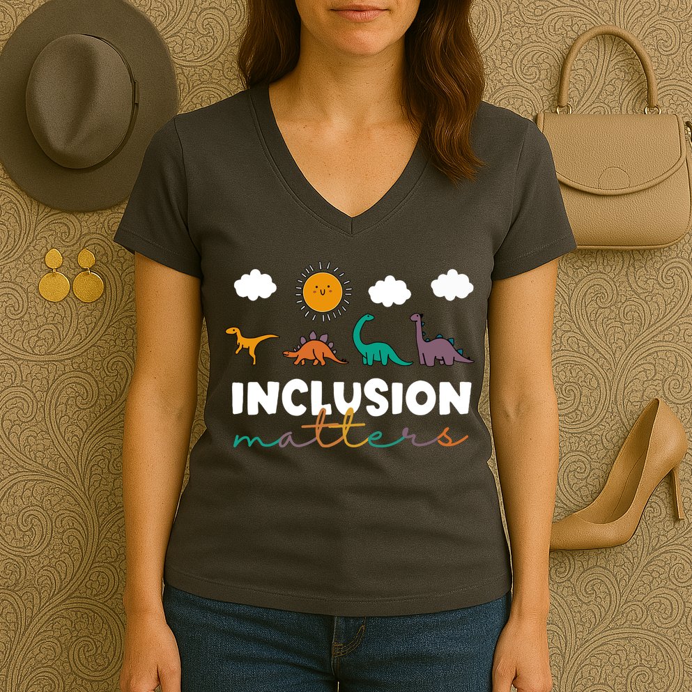 Cute TRex Dinosaur Inclusion Teacher Matters Special Education Gift Women's V-Neck T-Shirt