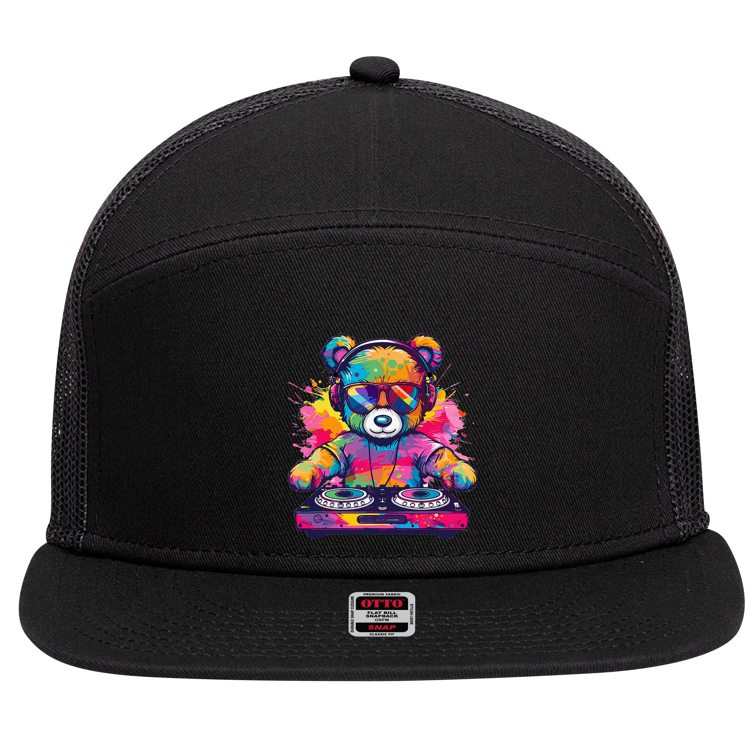 Cartoon Teddy Dj 7 Panel Mesh Trucker Snapback Hat