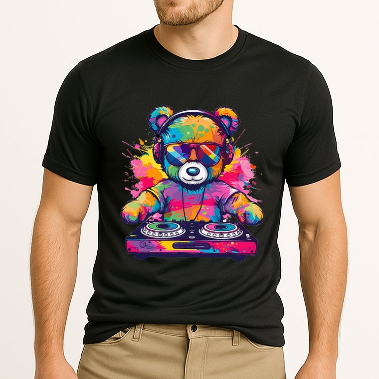 Cartoon Teddy Dj Cooling Performance Crew T-Shirt