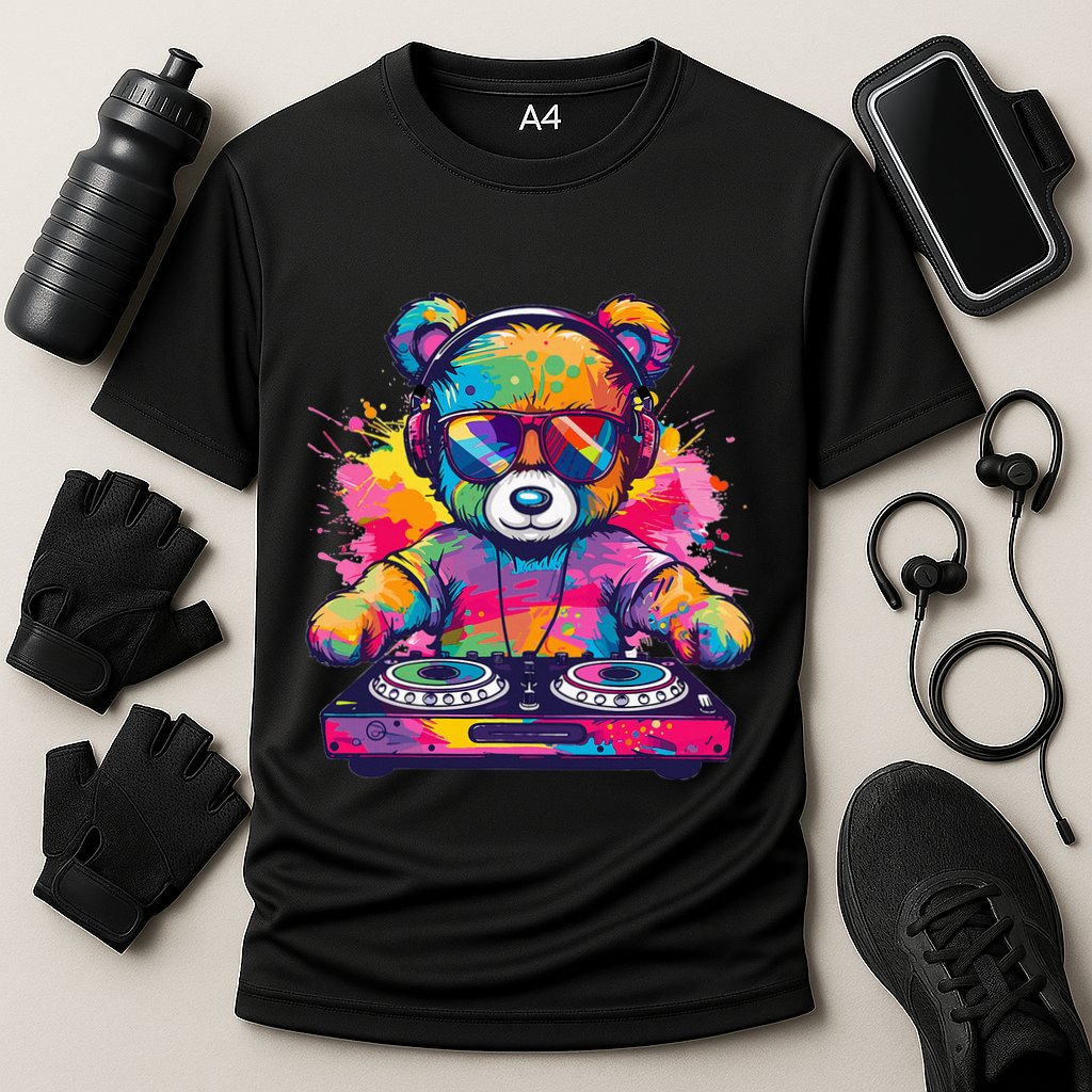 Cartoon Teddy Dj Cooling Performance Crew T-Shirt