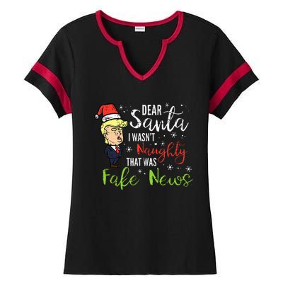 Christmas Trump Dear Santa Fake News Funny Xmas Ladies Halftime Notch Neck Tee