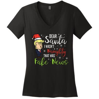 Christmas Trump Dear Santa Fake News Funny Xmas Women's V-Neck T-Shirt