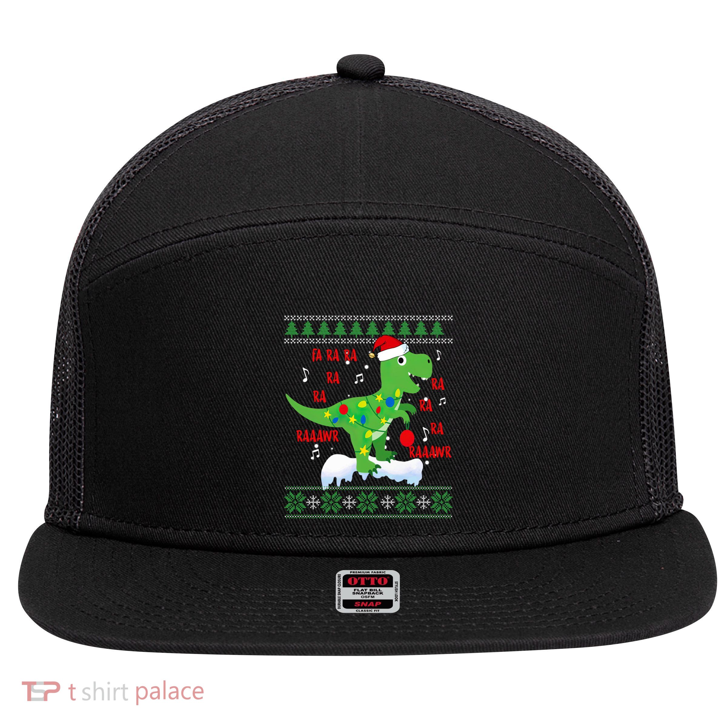 Christmas Tree Dinosaur Fa Ra Ra Rawr Rawr Trex Xmas Pajama Gift 7 Panel Mesh Trucker Snapback Hat