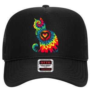 Cat Tie Dye Colorful Pet Mom Dad Lover Meow High Crown Mesh Back Trucker Hat