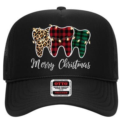 Christmas Tooth Dentist Dental Assistant Teeth Leopard Plaid High Crown Mesh Back Trucker Hat