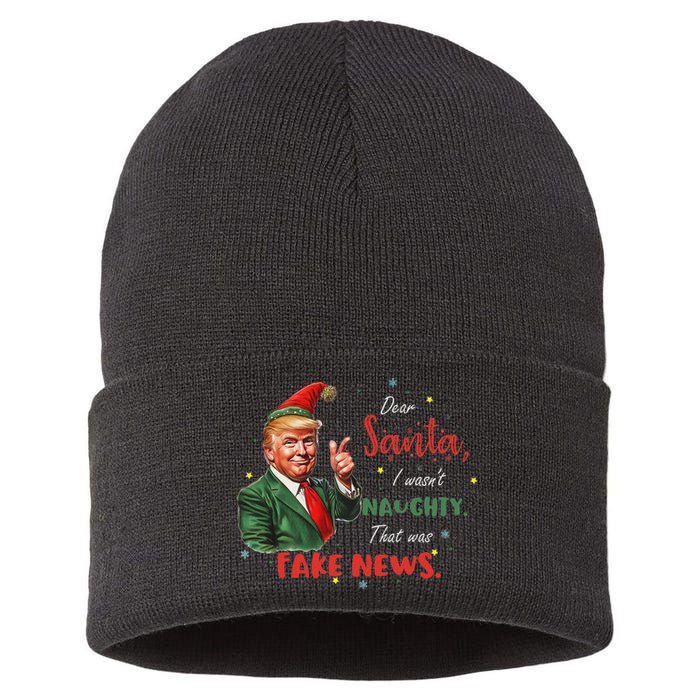 Christmas Trump Dear Santa Fake News Funny Xmas Trump 47 Sustainable Knit Beanie