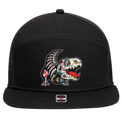 Calavera TRex Dia De Los Muertos Dinosaur Halloween 7 Panel Mesh Trucker Snapback Hat