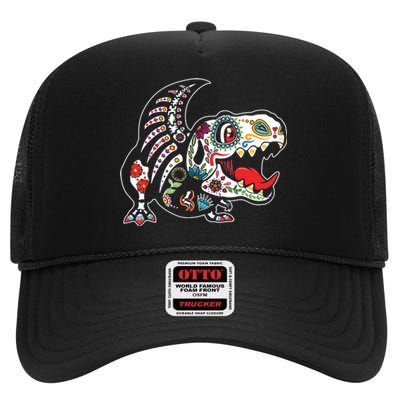 Calavera TRex Dia De Los Muertos Dinosaur Halloween High Crown Mesh Back Trucker Hat