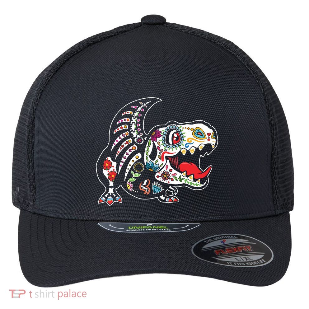 Calavera TRex Dia De Los Muertos Dinosaur Halloween Flexfit Unipanel Trucker Cap