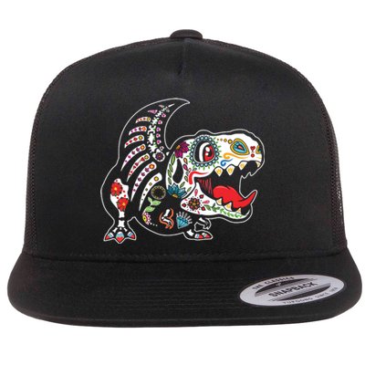 Calavera TRex Dia De Los Muertos Dinosaur Halloween Flat Bill Trucker Hat