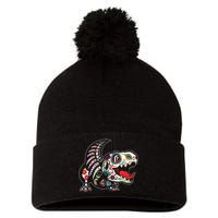 Calavera TRex Dia De Los Muertos Dinosaur Halloween Pom Pom 12in Knit Beanie