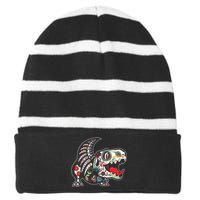 Calavera TRex Dia De Los Muertos Dinosaur Halloween Striped Beanie with Solid Band