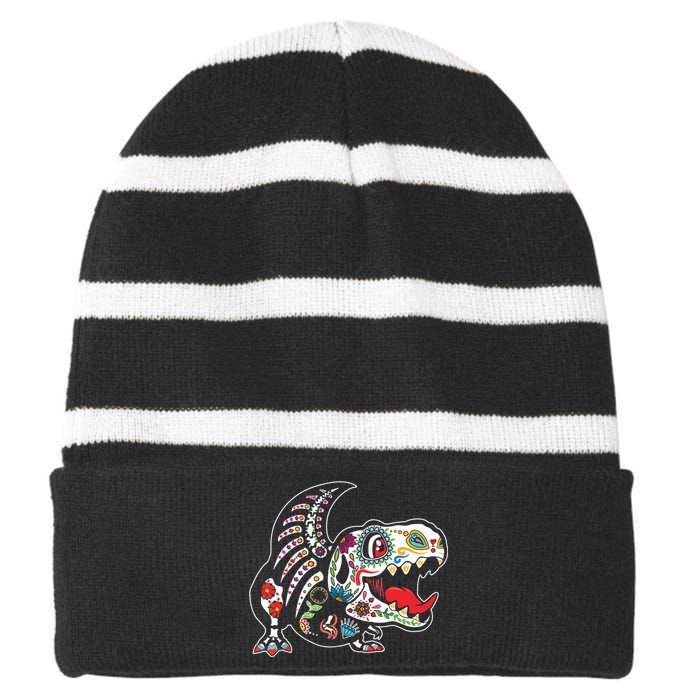 Calavera TRex Dia De Los Muertos Dinosaur Halloween Striped Beanie with Solid Band