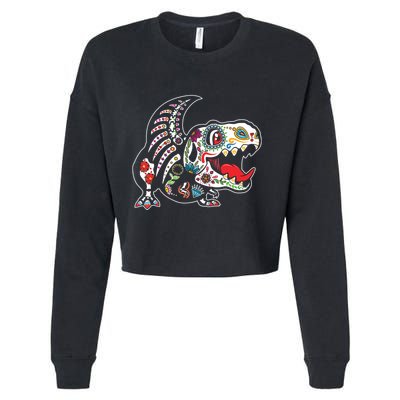 Calavera TRex Dia De Los Muertos Dinosaur Halloween Cropped Pullover Crew