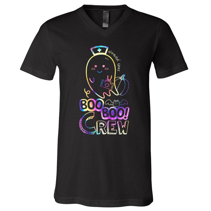 Cute Tie Dye Boo Boo Crew Halloween Ghost Wound Care Nurse V-Neck T-Shirt