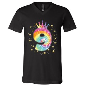 Colorful Tie Dye 9 Year Old Girl 9th Birthday Gifts V-Neck T-Shirt