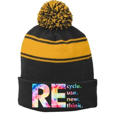 Colorful Tie Dye Recycle Reuse Renew Rethink Celebrate Earth Day Stripe Pom Pom Beanie