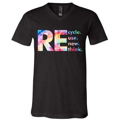 Colorful Tie Dye Recycle Reuse Renew Rethink Celebrate Earth Day V-Neck T-Shirt