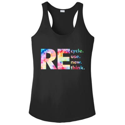 Colorful Tie Dye Recycle Reuse Renew Rethink Celebrate Earth Day Ladies PosiCharge Competitor Racerback Tank