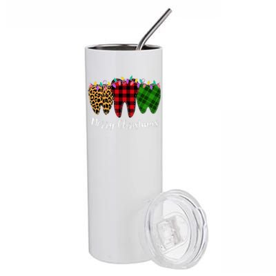 Christmas Tooth Dentist Dental Assistant Teeth Leopard Plaid Stainless Steel Tumbler