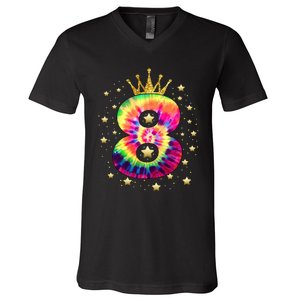 Colorful Tie Dye 8 Year Old 8th Birthday V-Neck T-Shirt