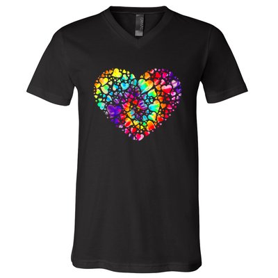 Colorful Tye Dye Die Tie Heart Valentine's Day V-Neck T-Shirt