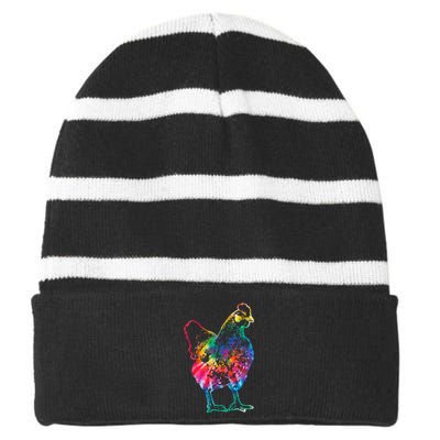 Chicken Tie Dye Hippie Poultry Farmer Farm Vintage Gift Striped Beanie with Solid Band