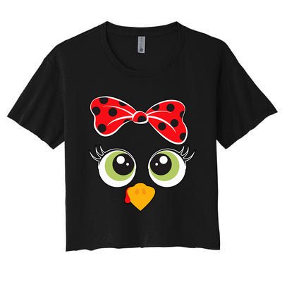 Cute Turkey Face Wo Little Girl Funny Thanksgiving  Women's Crop Top Tee