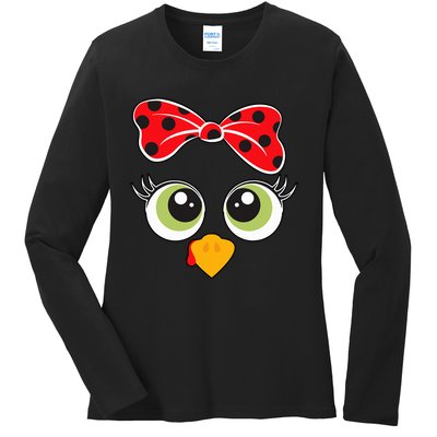 Cute Turkey Face Wo Little Girl Funny Thanksgiving  Ladies Long Sleeve Shirt