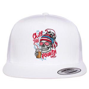 Chill The Fourth Out Patriotic Skull 4th Of July Flat Bill Trucker Hat