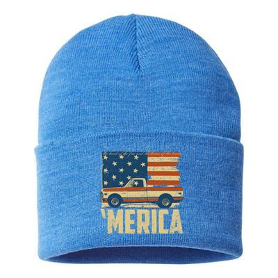 Classic Truck Funny Gift 'Merica American Flag With Pickup Truck Meaningful Gift Sustainable Knit Beanie