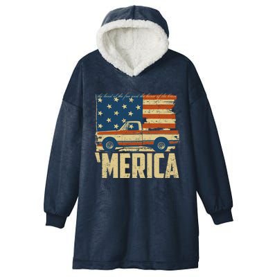 Classic Truck Funny Gift 'Merica American Flag With Pickup Truck Meaningful Gift Hooded Wearable Blanket