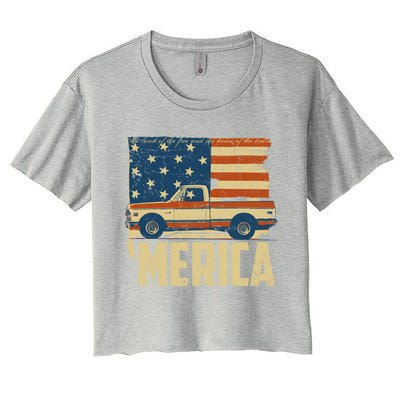 Classic Truck Funny Gift 'Merica American Flag With Pickup Truck Meaningful Gift Women's Crop Top Tee