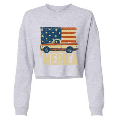 Classic Truck Funny Gift 'Merica American Flag With Pickup Truck Meaningful Gift Cropped Pullover Crew