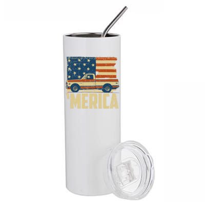 Classic Truck Funny Gift 'Merica American Flag With Pickup Truck Meaningful Gift Stainless Steel Tumbler