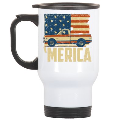 Classic Truck Funny Gift 'Merica American Flag With Pickup Truck Meaningful Gift Stainless Steel Travel Mug