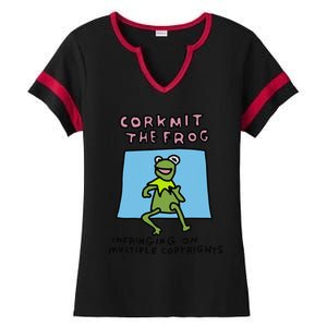 Corkmit The Frog Infringing On Multiple Copyrights Frog Meme Ladies Halftime Notch Neck Tee