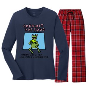 Corkmit The Frog Infringing On Multiple Copyrights Frog Meme Women's Long Sleeve Flannel Pajama Set 