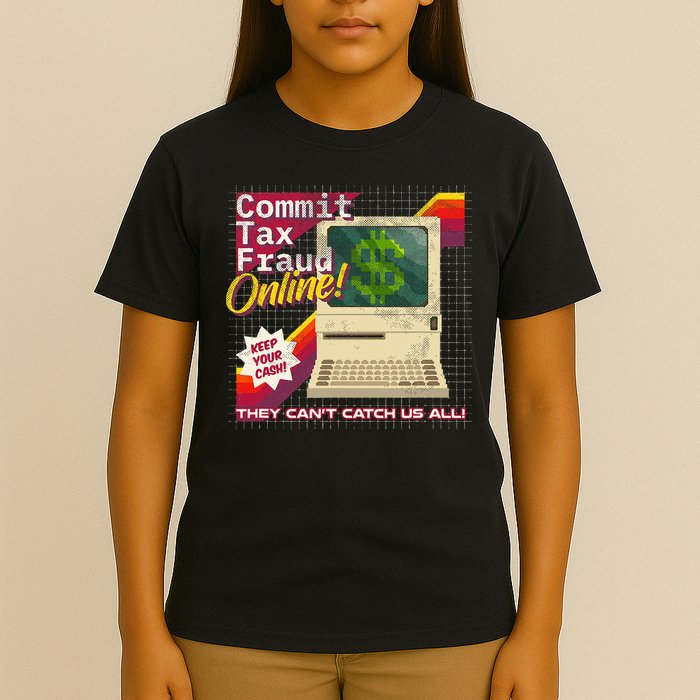 Commit Tax Fraud Online! Distressed Retro Video Game Box Art T-Shirt