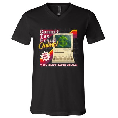 Commit Tax Fraud Online! Distressed Retro Video Game Box Art V-Neck T-Shirt