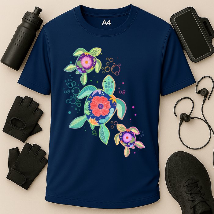 Cute Tropical Flower Ocean Sea Turtles Cooling Performance Crew T-Shirt