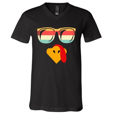 Cool Turkey Face With Sunglasses Thanksgiving V-Neck T-Shirt