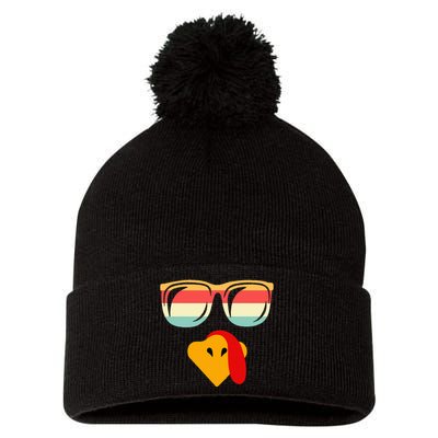 Cool Turkey Face With Sunglasses Thanksgiving Pom Pom 12in Knit Beanie