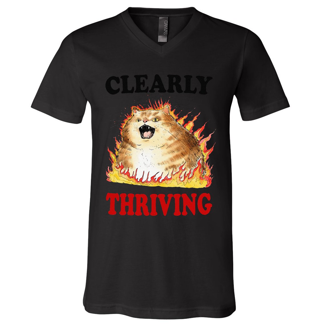 Clearly Thriving Funny Fire Cat Meme Cat Lover Cat Mom V-Neck T-Shirt